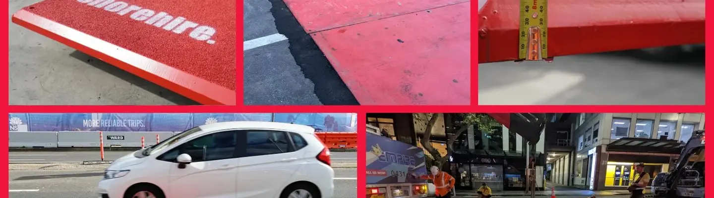 Steel road plates or mats placed over a trench with a car passing safely above, ensuring temporary site access and safety.