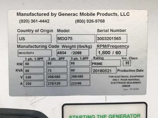 2018 Magnum Pro MMG75DF4 Diesel Generator