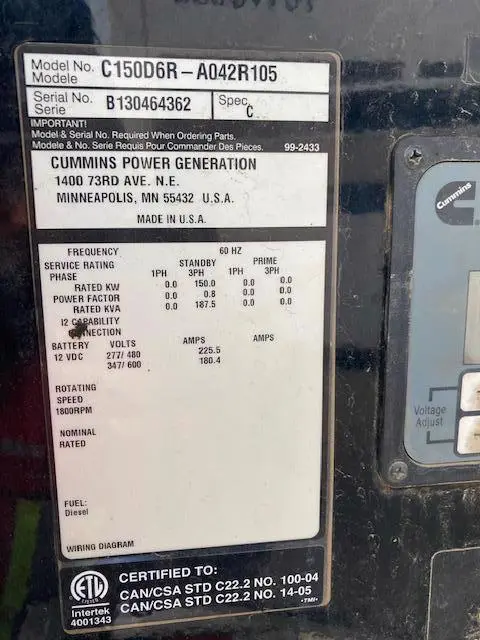 2013 Cummins C150D6R Diesel Generator