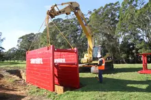 Steel shoring box being installed