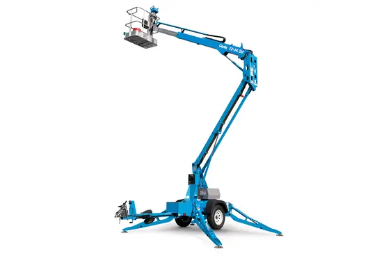 Front view of blue Genie boom lift with extended arm, stabilizers and silver basket.