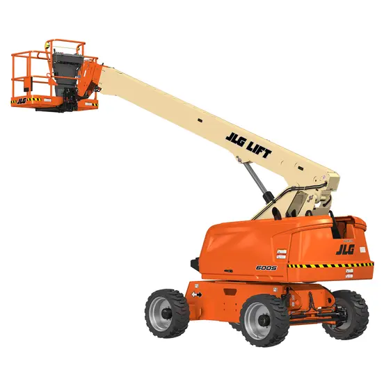 Rear angled view of an orange and beige JLG telescopic boom lift with extended boom and platform.