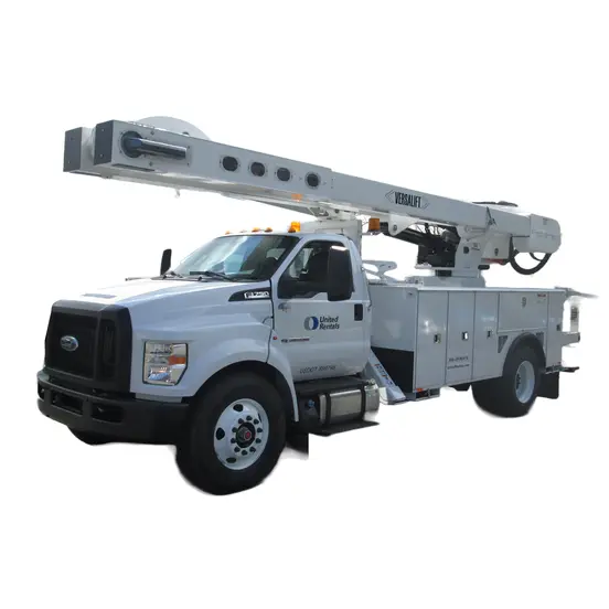 Front angled view of a white bucket truck with a retracted extendable boom and a United Rentals Logo on the driver door.