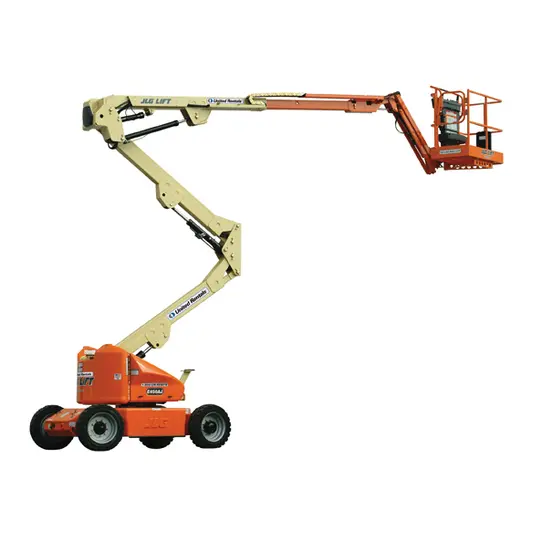 Side view of an orange and beige articulating boom lift with an extended platform.