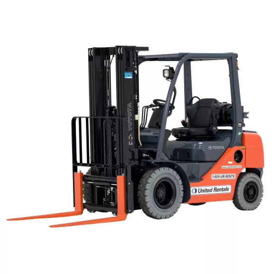 Front angled view of an orange and black Toyota warehouse forklift with a black mast, orange forks and an open cabin.
