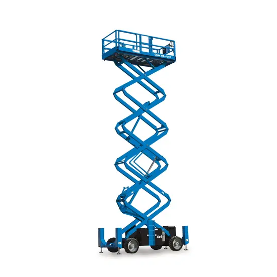 Side view of an extended blue Genie scissor lift with guardrails.