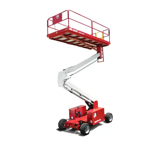 Side view of a partially extended red and silver scissor lift with safety rails.