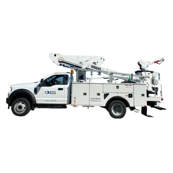 Side view of a white United Rentals bucket truck with retracted boom and bucket.