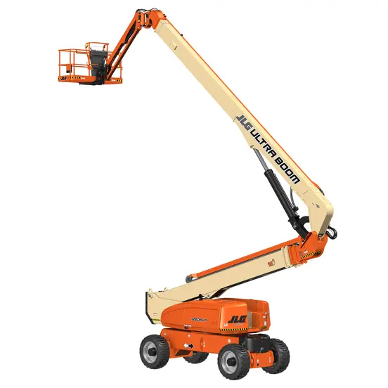 Side angled view of an orange and beige JLG boom lift, extended vertically with basket.