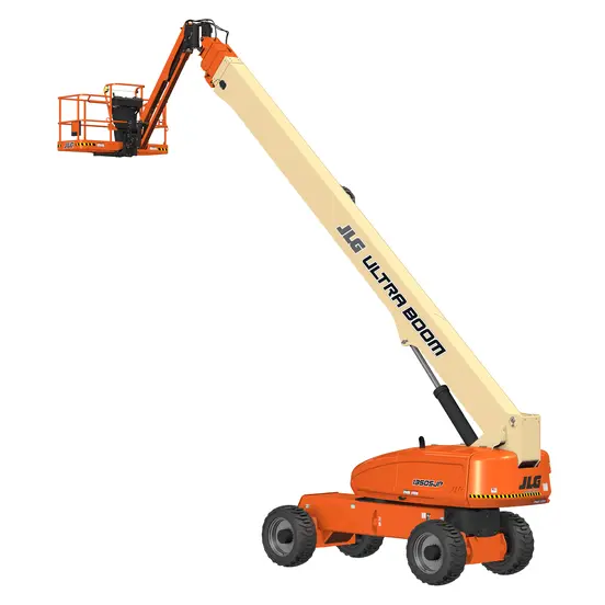 Side angled view of an orange and beige JLG boom lift, extended vertically with basket.