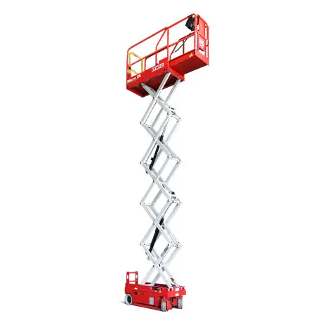 Side view of an elevated orange and white scissor lift.